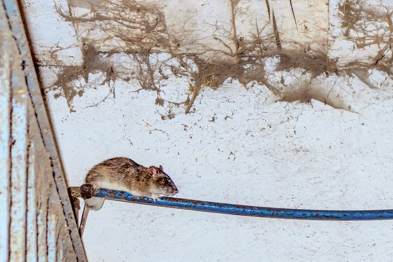 A brown rat on an old farm on a water hose between a fence and a ceiling with cobwebs